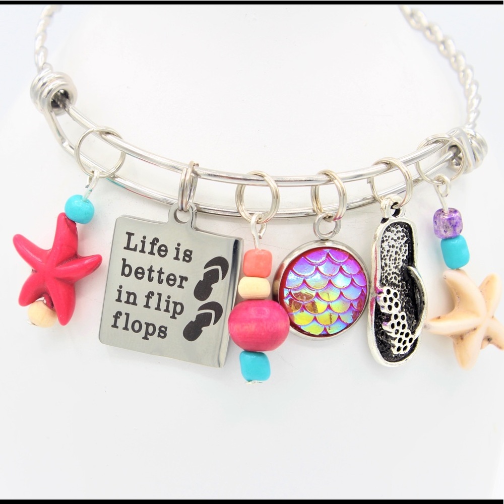 Pink Starfish Beach Charm Bracelet, Stainless